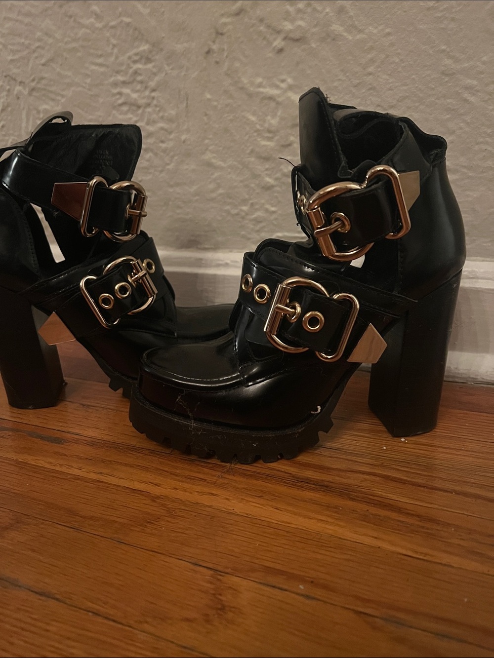 Jeffrey Campbell  Buckle Platform Heeled Ankle Boots - Black with Gold Hardware